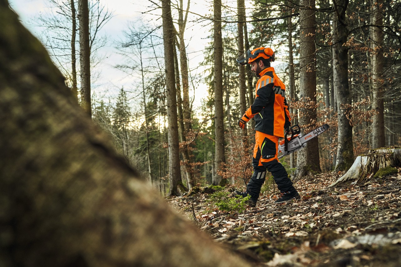 Stolarz ubrany w STIHL ADVANCE-FlexTEC-ShellTEC podczas pracy w lesie