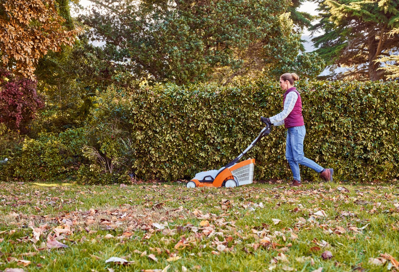 Kobieta kosi pokryty liśćmi trawnik przed żywopłotem kosiarką STIHL RMA 339 C