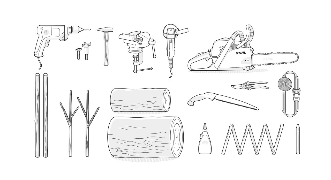 Ilustracja: Sprzęt do budowy renifera, m.in. pilarka łańcuchowa STIHL, pnie, wiertarka, calówka, klej do drewna