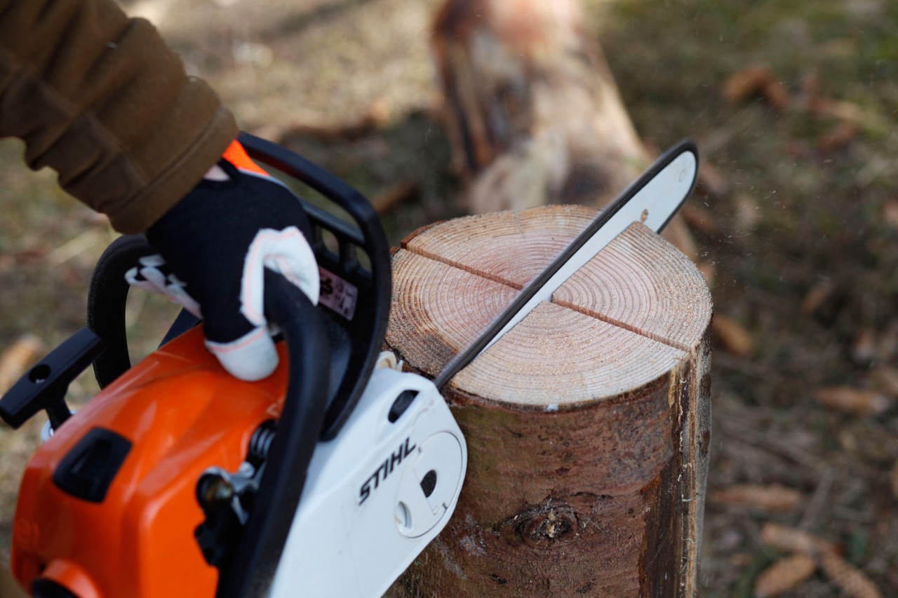 Pień drzewa należy dwukrotnie przeciąć za pomocą pilarki łańcuchowej STIHL MS 181 C