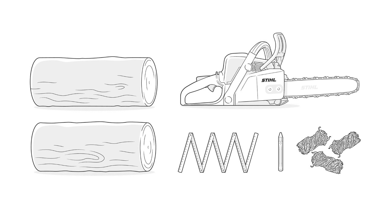 Ilustracja materiału: drewno, pilarka spalinowa STIHL, miarka, długopis, podpałka do grilla
