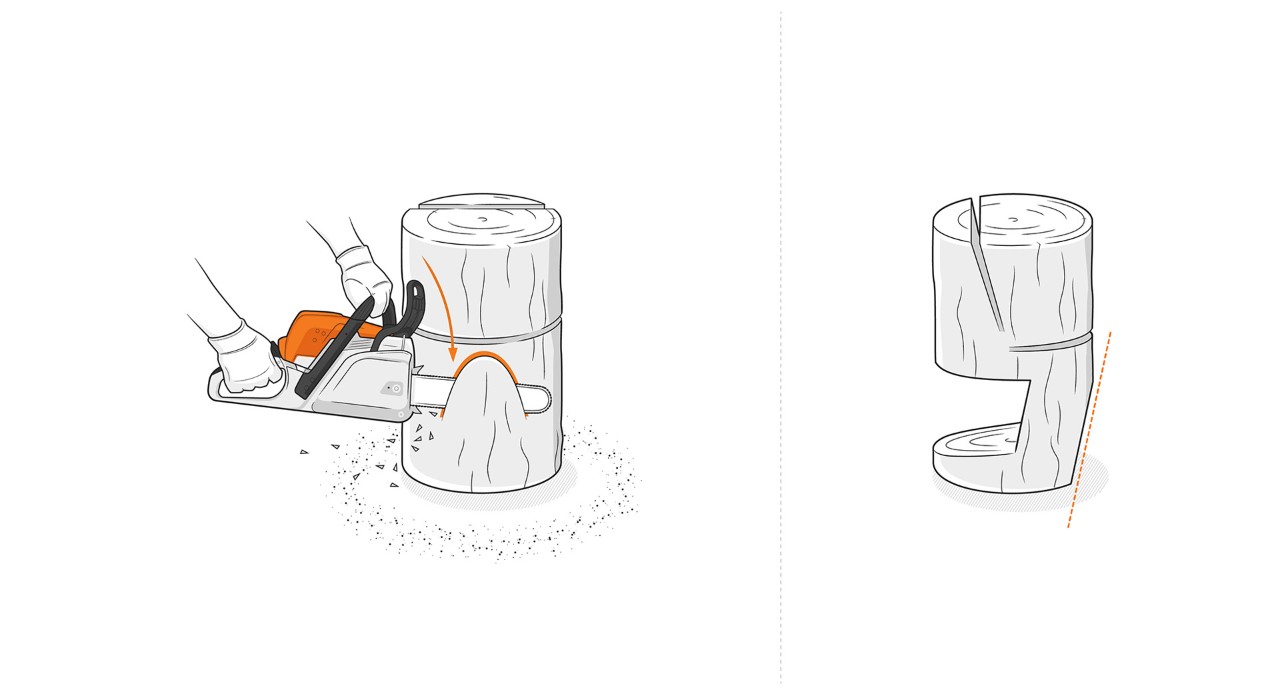 Ilustracja: Przód cokołu odcinany pilarką łańcuchową STIHL