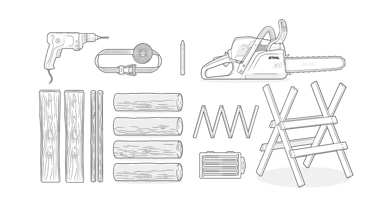Ilustracja: drewno, pilarka łańcuchowa STIHL, wiertarka, koziołek, calówka, pas mocujący, kreda do znakowania