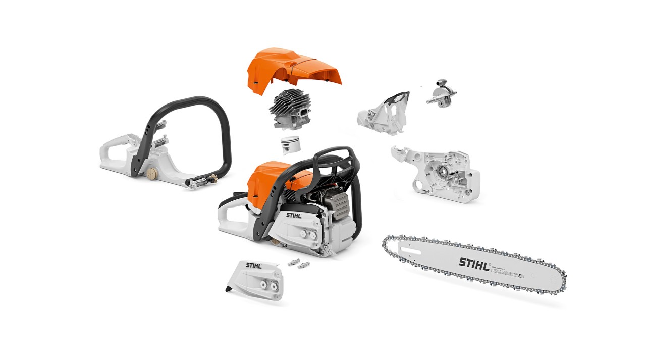 Benzynowa pilarka silnikowa STIHL MS 400 C-M z tłokiem magnezowym, rozłożona na pojedyncze części